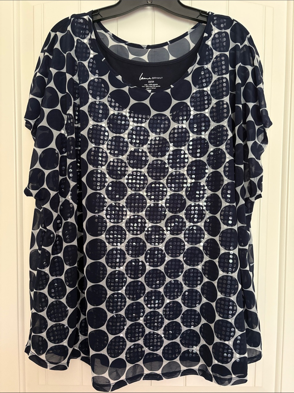 Lane Bryant Navy and White Polka Dot Short Sleeve Scoop Neck Blouse